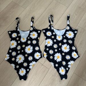 Matching Black Swimsuit with White Floral Print